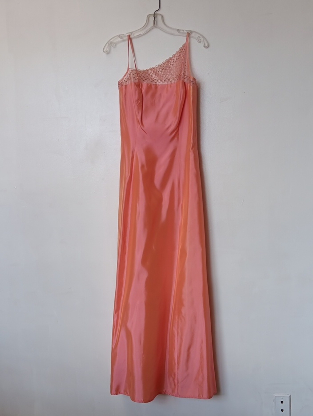 Satin Crochet-Trim Maxi Slip Dress in Coral Pink